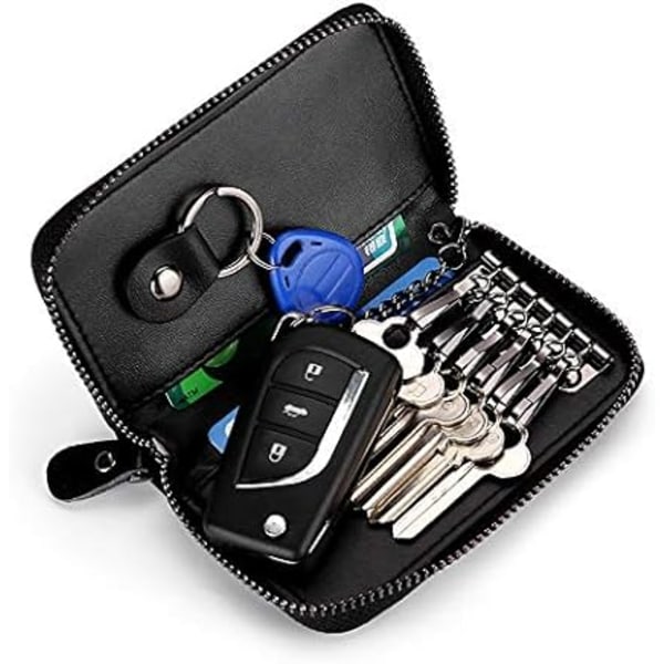 Multifunktionell bilnyckelring i läder (svart), nyckelhållarplånbok, nyckelhållarplånbok, multifunktionell dragkedja med nyckelfodral, finns i 6 färger