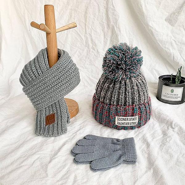 Varmt vinter skjerf til barn, termisk strikket til småbarn, for 4-12 år Grey