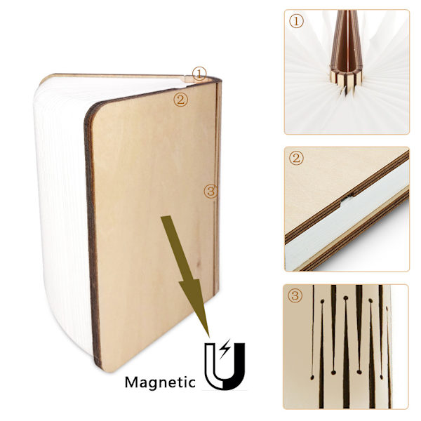 Mini træboglampe, mini foldbar LED-boglampe, magnetisk USB genopladeligt lithiumbatteri til belysning af rumdekoration, bogformet lampe, roman