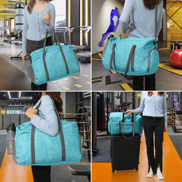 Bagageväska 46 * 30 * 25cm (blå (med axelrem)), vikbar botten resväska, handväska, handbagage, övernattning för kvinnor och män