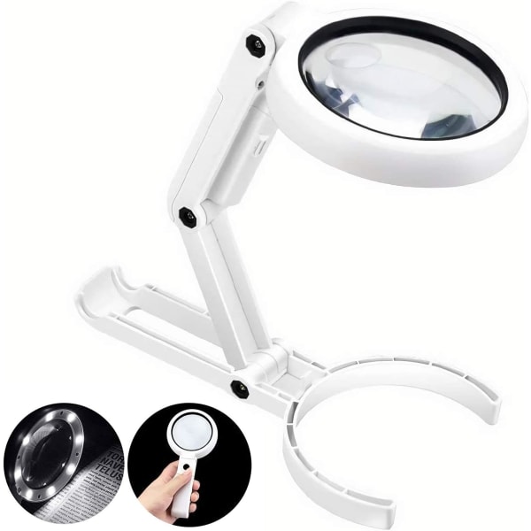 En hvid opladningsmodel Lup med 8 LED-lys, 5X 11X Håndholdt og Foldbar Forstørrelsesglas & Belyst Bordmodel 2 i 1 Opgraderet Version til Seniorer