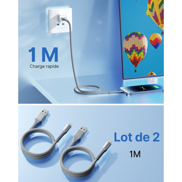 Harmaa iPhone-latauskaapeli [1m+1m/4 kpl] MFi-sertifioitu iPhone-kaapeli Lightning-kaapeli kestävällä liittimellä iPhone-johto nopea lataus iPhone 13:lle