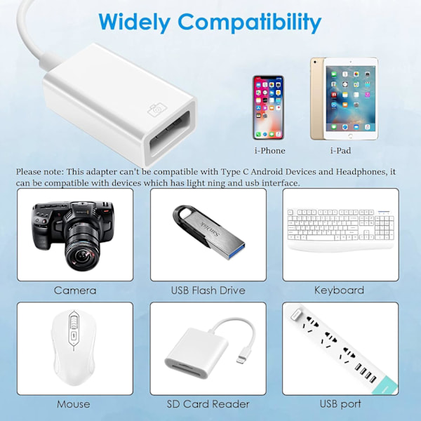 Vit Lightn-ing till USB-kameraadapter kompatibel med i-Phone, i-Pad, USB-datasynkroniseringskabel för kamera, tangentbord, mus, kortläsare, USB-flash-enhet, USB Et