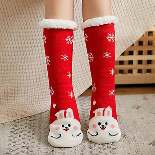 Talviset korallifleecestä valmistetut pörröiset sukat, lämpimät, erittäin lämpöiset, pehmeät, mukavat, pörröiset, muhkeat ja paksut Red bunny
