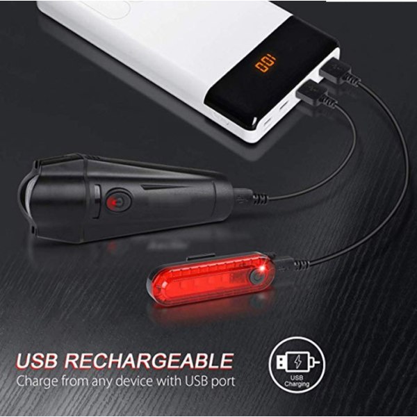 En set svarta cykelljus strålkastare bakljus USB laddningsstrålkastare åka bländande mountainbikeljus cykelbak