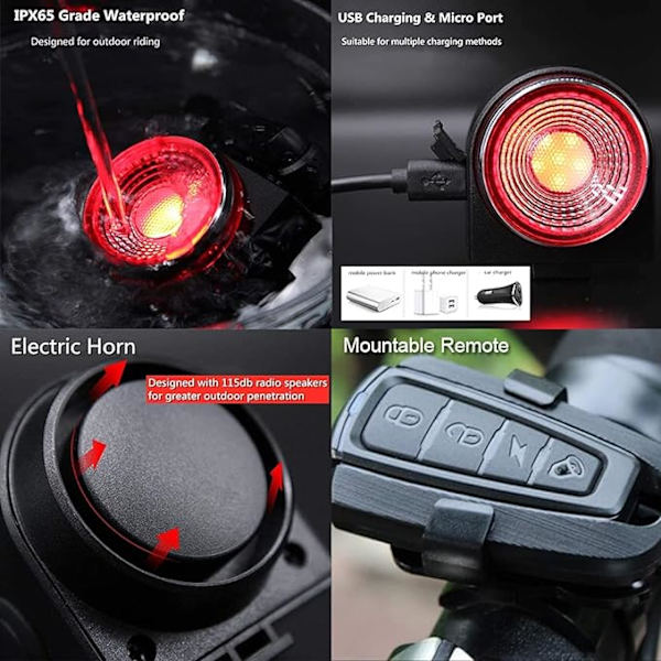 Cykelalarm baglygte USB-opladning super klare baglygter, intelligent bremsesensor tyverisikring cykelalarm, med fjernbetjening, IPX65 vandtæt