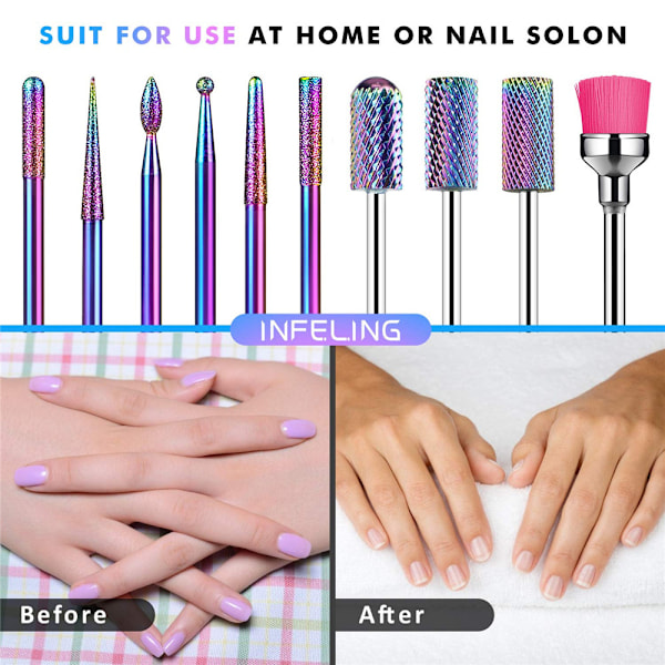 10 st Tungsten Stål Nagel Slipbits Set (Färgglatt), Professionell Gel Akryl Nagelbandsborttagare, Diamant Tungsten Karbid Nagelborrverktyg, Manikyr