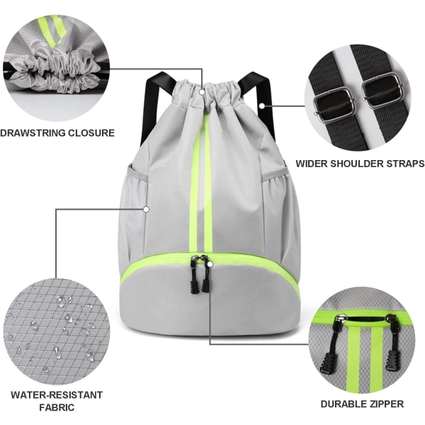 Ryggsäck med dragsko Sports Gym Säcksäck med sidofickor av mesh Skofack Vattentät strängväska för kvinnor män (grå)