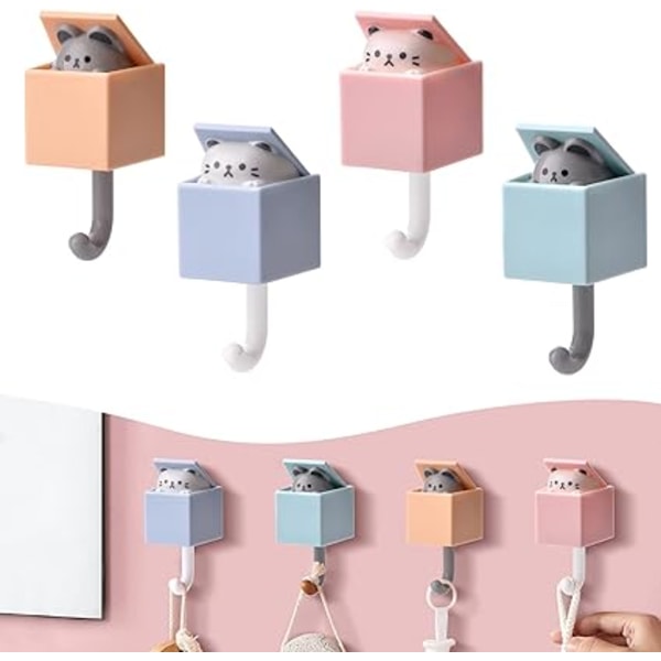 4-delad Kawaii kattdörrskrok, pop-up söt katt praktisk krok, tecknad djur nyckelringshake, används för dörrkrok väggdekoration, nycklar, hattar, rockar, släp