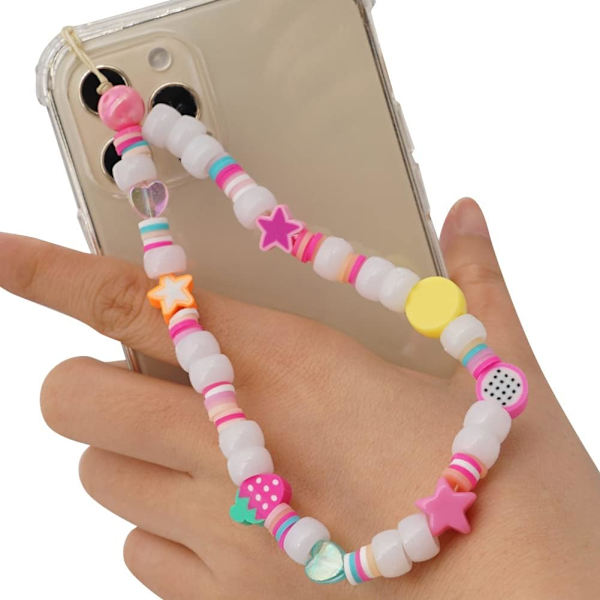 Mobiltelefon Lanyard Farverig Perlebesat Telefonkæde med Vedhæng Anti-Slip Armbånd Akryl Charm Hængende Lanyard Anti-Tabt Mobiltelefon Etui Hængende Lanyar