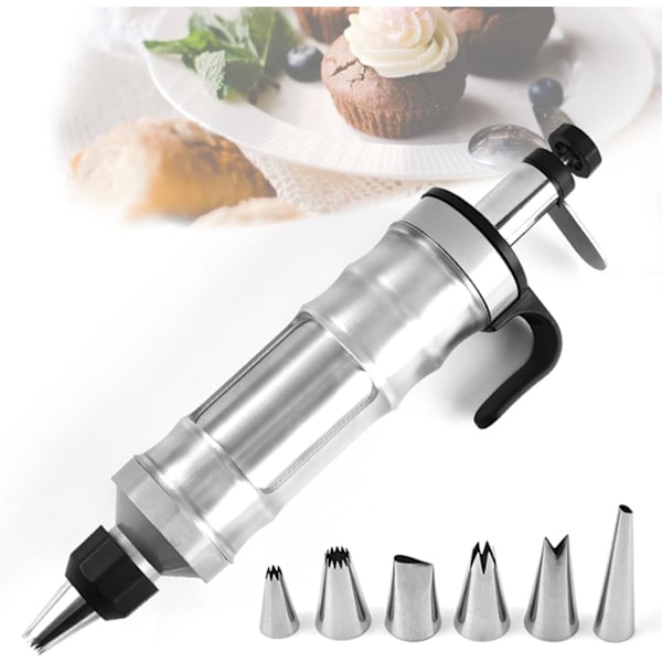 Icing Dekoration Pistol Sæt, Rustfrit Stål Dessert Dekorator Kage Dekoreringsværktøj med 6 stk. Russiske Sprøjteposer Icing Dyser, Køkken Bageværktøj (Bla