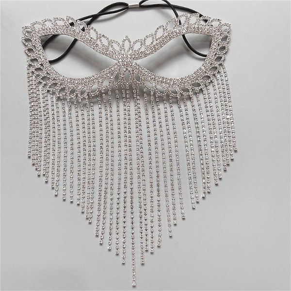 Kristall Slöja Mask Rhinestone Tassel Cat Eye Mask Belly Dance Maskerad Huvudbonad Silver