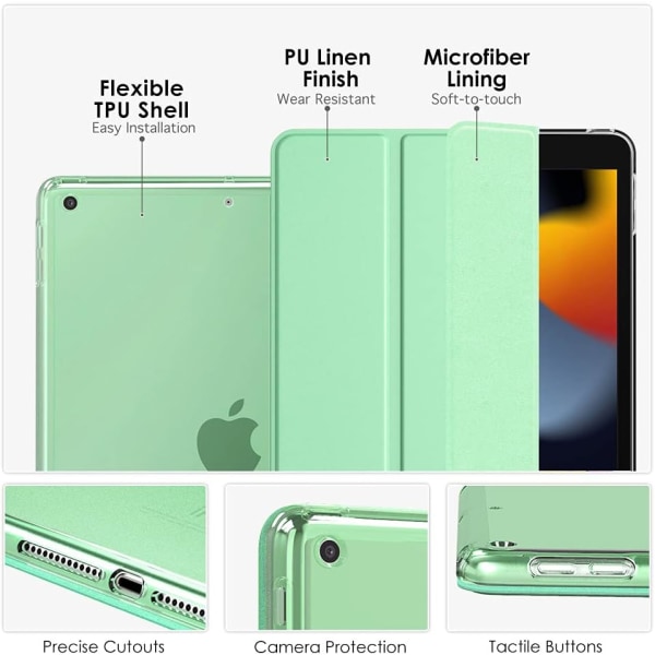 Grönt iPad 10.2- case för iPad 9:e generationen 2021/iPad 8:e generationen 2020/iPad 7:e generationen 2019, mjukt frostat cover Slim Shell- case med St.