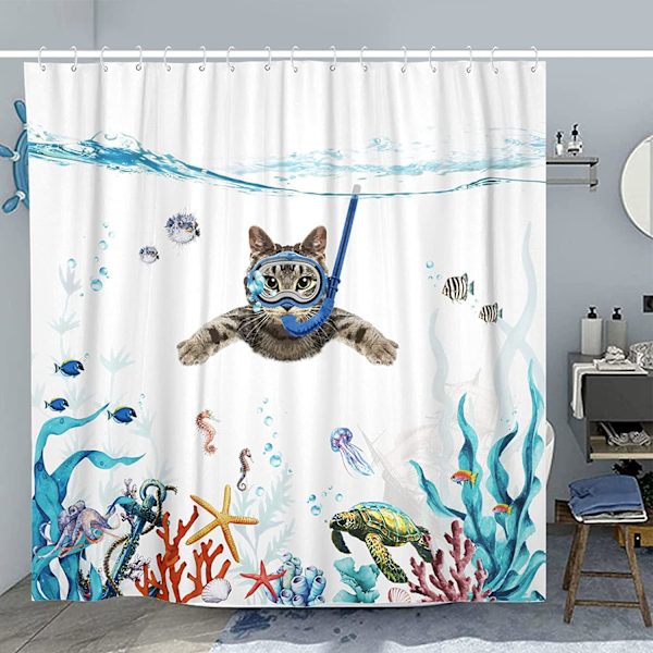 Bruseforhæng 180 x 180 cm Dykkerkat Ocean Print Vandtæt Badeforhæng Vaskbart Anti Hurtigtørrende Polyesterstof Badeværelsestilbehør med 12 Kroge