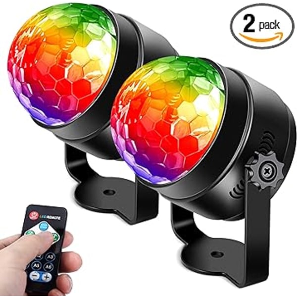 2-pack festlampor, stroboskoplampor för fester, ljudaktiverade discobollslampor med fjärrkontroll, RGB 7 färger som ändrar disco DJ-lampor för hemmafestroo