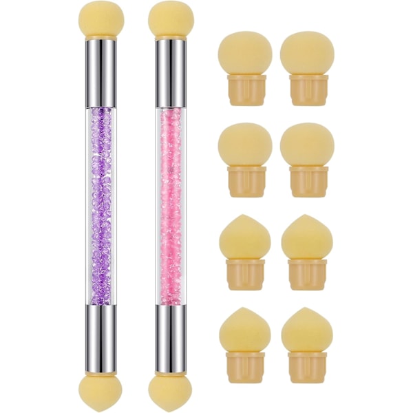 2 stk Dobbelthodet Svamp Neglebørster med 8 Erstatningssvamper, Gradient Fargegjengivelse DIY Neglekunstverktøy