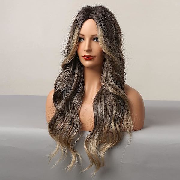 Lange brune parykker for kvinner, syntetisk hår med highlights, bølgete parykk for cosplay,