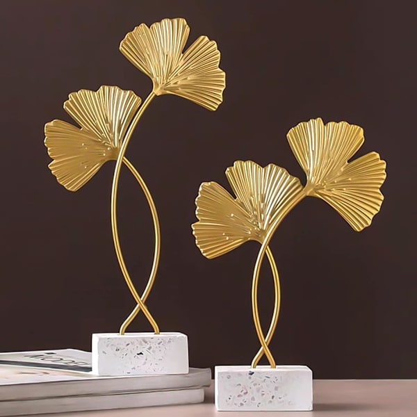 Ginkgo blad metallskulptur, Ginkgo Biloba prydnader med bas, Modern blad skulptur för hemmakontor hall och kontor (28 x 14 cm)