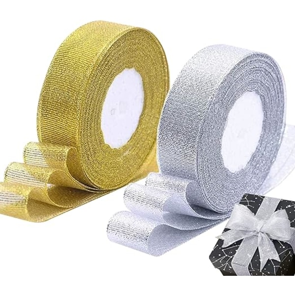 2 rullar med 25 storlekar breda glittrande band 2 cm guld, silverband Guld band Julband Dekorativa band för presentförpackning, gör rosetter en