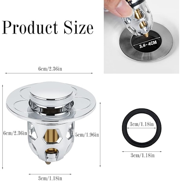 2 stk. universelt vaskdeksel (sølv), pop-up vaskdeksel, indre diameter 30 mm, anti-tett avløpsrør, egnet for badekar, kjøkkenvask,
