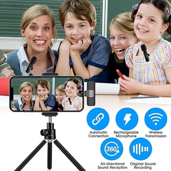 2-pack trådlös Lavalier-mikrofon för iPhone iPad, Lapel Mics Plug-Play 2,4G Ultra-Low Delay Inbyggt brusreduceringschip 8H Arbetstid för video