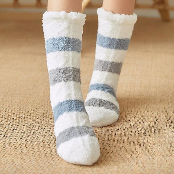 Talviset korallifleecestä valmistetut pörröiset sukat, lämpimät, erittäin lämpöiset, pehmeät, mukavat, pörröiset, muhkeat ja paksut Blue gray stripes