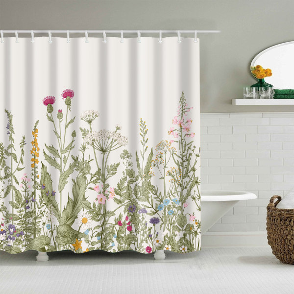 Duschdraperi med blommor (180 * 180 cm) vattentät och form tvättbar duschdraperi i badrummet, duschdraperi med retro blommönster