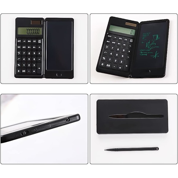 Lille lommeregner med skrivetavle og sletbar LCD pen 6\", mini bærbar lommeregner 10 cifre, solcelle og dobbelt strømbatteri, sammenklappelig lommeregner til