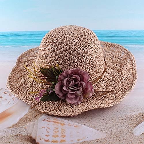 Foldbar stråhat til kvinder, pink mode krokodilleskind solhat, fluffy solhat, stor blomsterdekoration, ferie strandhat