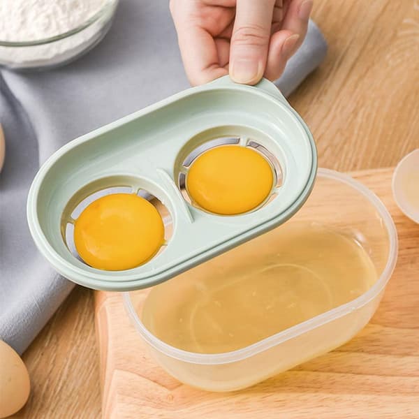 Äggseparator i rostfritt stål med handtag, ägguleseparator, dubbelt äggfack, äggfilter, äggseparator med transparent förvaringslåda