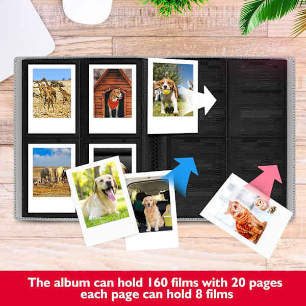 160 Siders Lommealbum til Fujifilm Instax Mini 70 7s 8 8+ 9 11 25 50s 90, Polaroid Z2300, Polaroid PIC-300P Grå