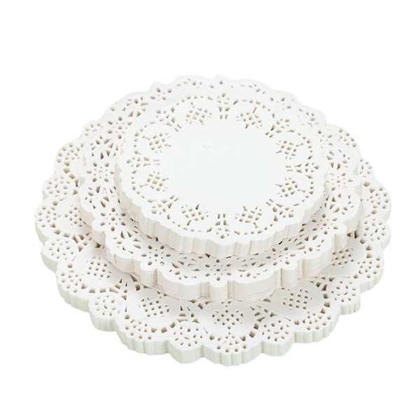 Runda pappersdukar i spets 21,5 cm i diameter (150-pack, vitt) Bulk dekorativa pappersdukar för dessertdisplayer och bakformar