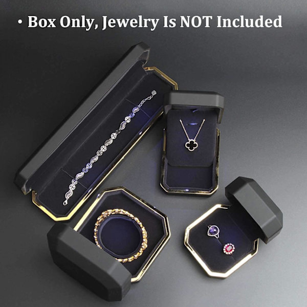 En (sort, ca. 7,5*7,5*5,1 cm) Luksus Ringæske, Firkantet Fløjl Bryllupsring Etui Smykke Gaveæske med LED-lys til Frieri Forlovelse Bryllup