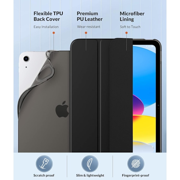Svart fodral för iPad 10:e generationen 2022 10,9 tum, fodral med mjukt TPU-baksida, flipfodral med halvtransparent stativ, skyddande stöttåligt fodral, automatisk väckning
