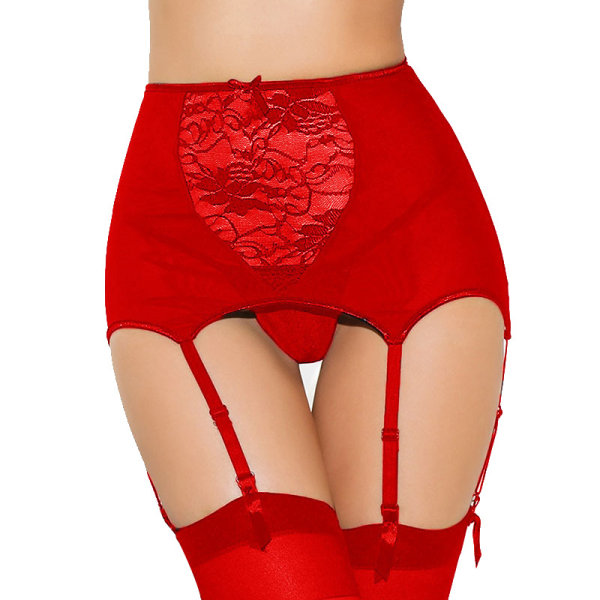Hög midja spetsbälte för kvinnor (rött, midjemått 56-86), mesh hängslen med stringtrosor sexiga underkläder
