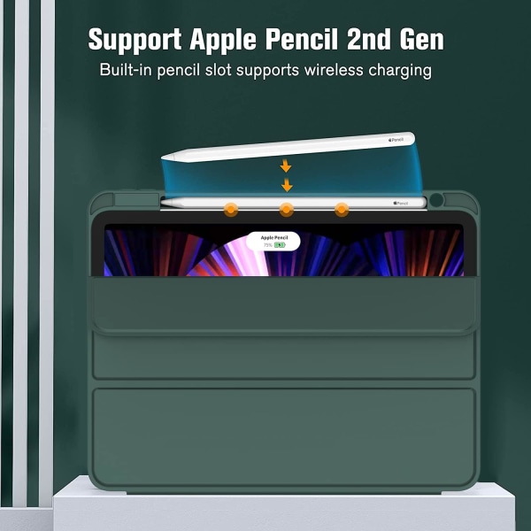 (Midnight Green) Nytt iPad Pro 11 tums case 2022(4:e generationen)/2021(3:e generationen)/2020(2:a generationen) med pennhållare, smart iPad- case [Stöd Touch ID och automatisk väckning