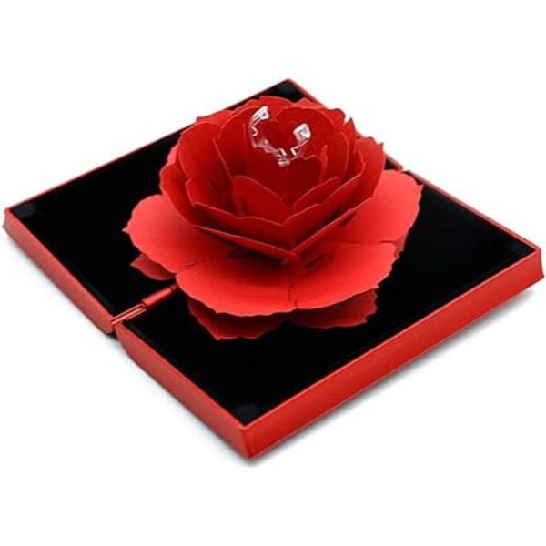 Rose roterande ring box (röd), 3D pop-up rose ring box för förlovning, presentförpackning för bröllopssmycken