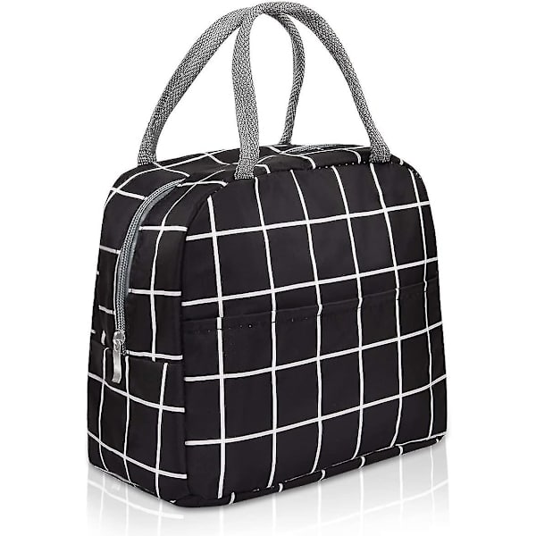 Uppgraderad kompakt svart lunchväska för kvinnor, canvas rutnät lunchväska Black