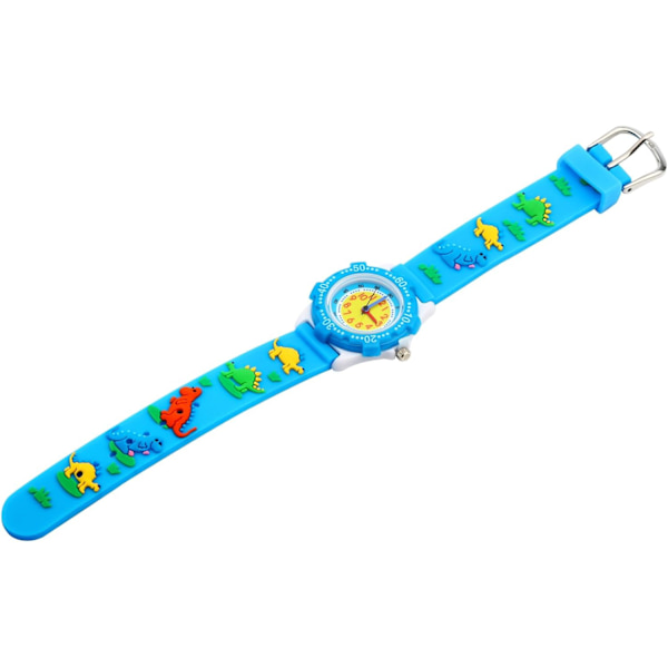 Barnklocka (Stålboett Blå Liten Dinosaurie), Vattentät 3D Söt Tecknad Rund Urtavla, Silikongummiband, Quartzklocka, Julklapp till Liten Gi