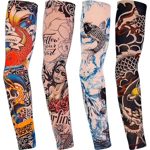 4-pack tatueringsärmar för män och kvinnor, unisex fashion tatueringsärmar stretchiga nylon tatueringsärmar sommar solskydd utomhuscykling