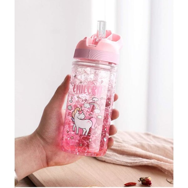 Rosa Enhjørning Vannflasker for Jenter, Kopp med Sugerør og Sikkerhetslås, Rosa Utvendig Innvendig Vannflaske, 500ml/13.5oz for Skolebarn Jente Enhjørning Lov