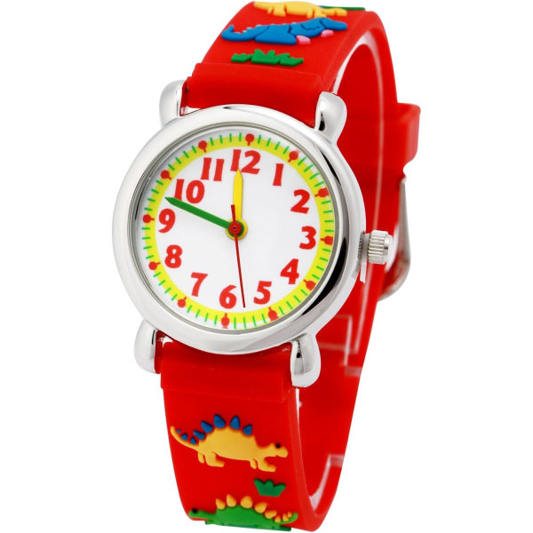 Watch ( case röd liten dinosaurie), vattentät 3D söt tecknad rund urtavla, silikongummiband, watch, julklapp till liten tjej