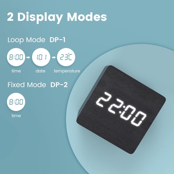 Svart digital väckarklocka i trä, LED-väckarklocka med datum, temperaturvisning, 3 larm, 4 ljusstyrkenivåer, batteridriven eller USB-driven