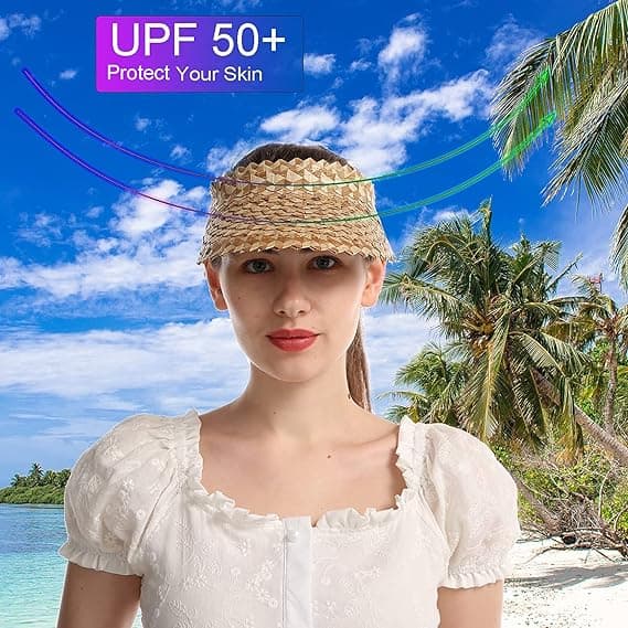 Solhat i strå til kvinder med UV-beskyttelse, foldbar stråhat, solhat til kvinder, hestehale-topløs hat UPF 50+