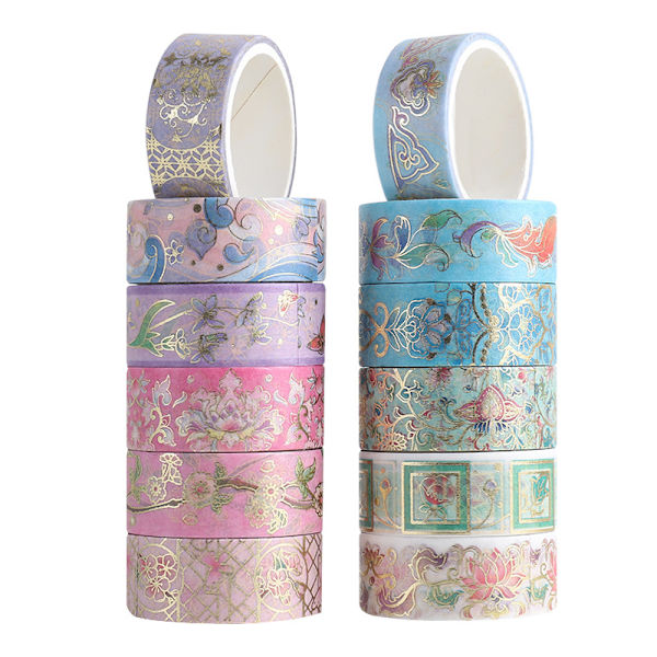 12 ruller Fanhua serie tape sæt, dekorativ maskeringstape Pastel scrapbook tape æstetisk guldfolie tape sticker, brugt til DIY, kunst og håndværk, gaveindpakning