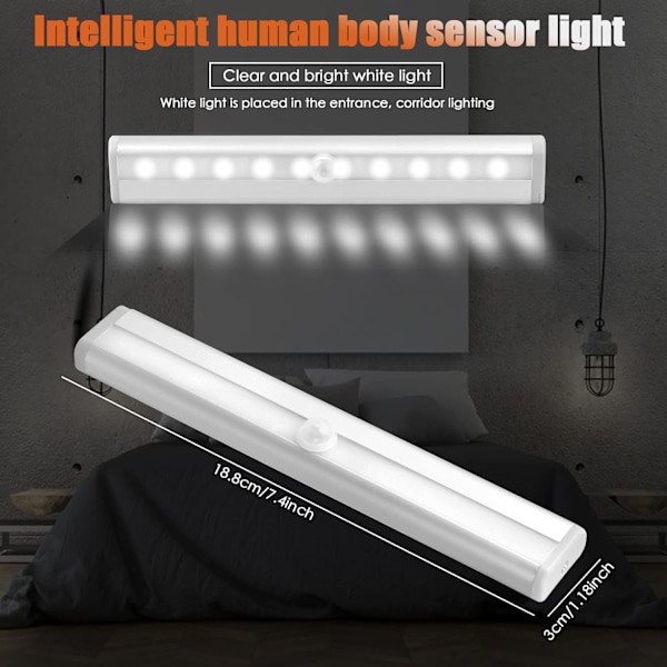 4 KPL LED-kaappivalot liiketunnistimella ja magneettinauhalla, 10 LED-yövaloa paristokäyttöinen kaappivalo, kaappivalaistus, langaton valaistus keittiöön