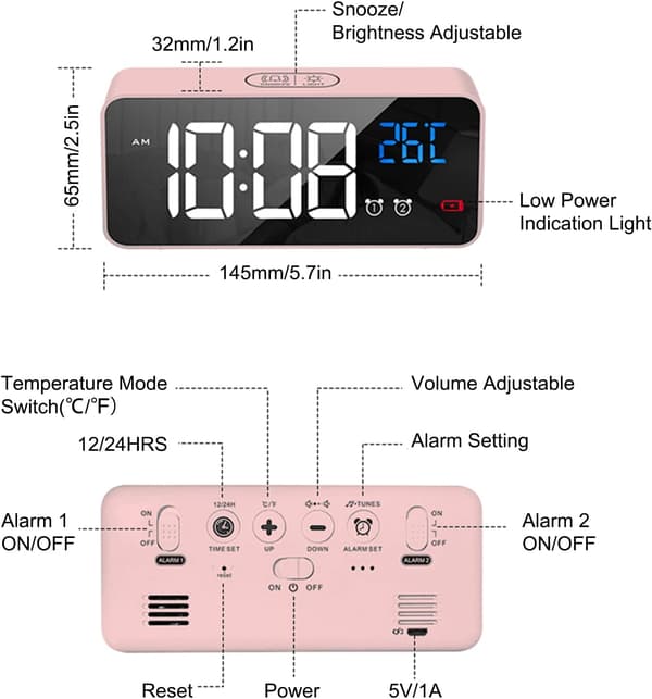 Silver Digital Väckarklocka, LED Väckarklocka med Snooze-funktion, Laddning USB-portar