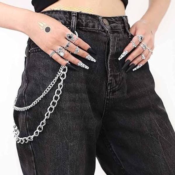 (Sølv) Hip Hop Bukser Jeans Kæde Goth Punk Sølv Bukser Kæder Biker Tung Tyk Pung Lomme Kæder Sølv Nøgleringe Kropssmykker til Mænd og Kvinder