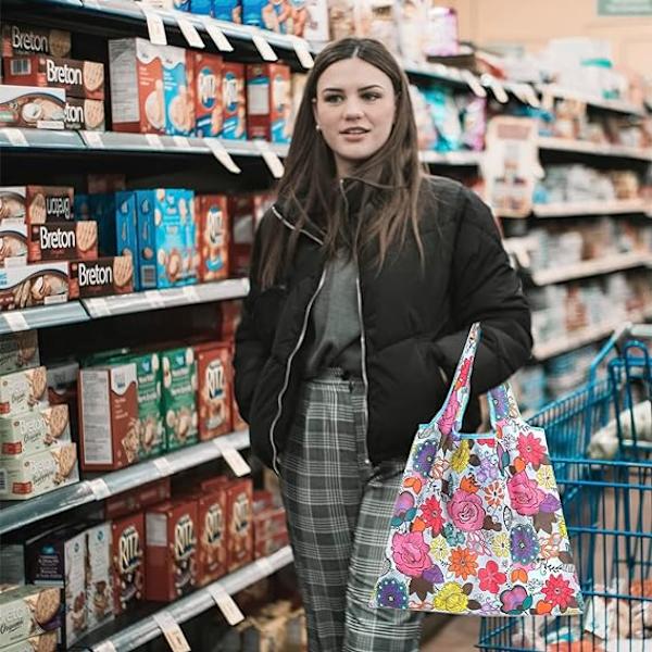 1-delt sæt stor sammenfoldelig shoppingtaske blå blomster