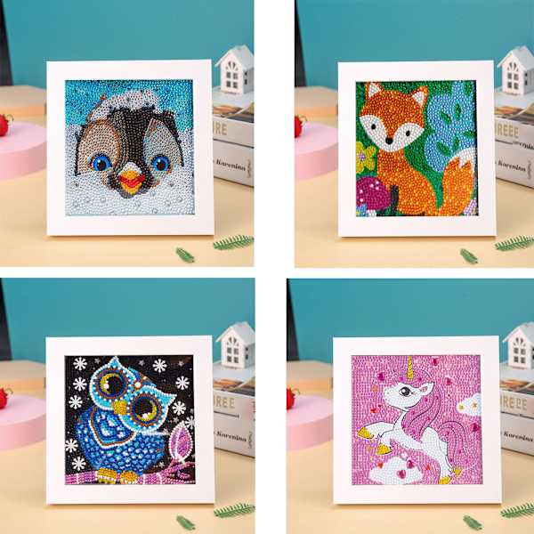 Fyra Pack Pingvin/Enhörning/Uggla/Räv Barn DIY 5D Diamantmålning efter Nummer Set Full Diamant Strass Broderi Diamantkonst Barn Diamantmålningskit